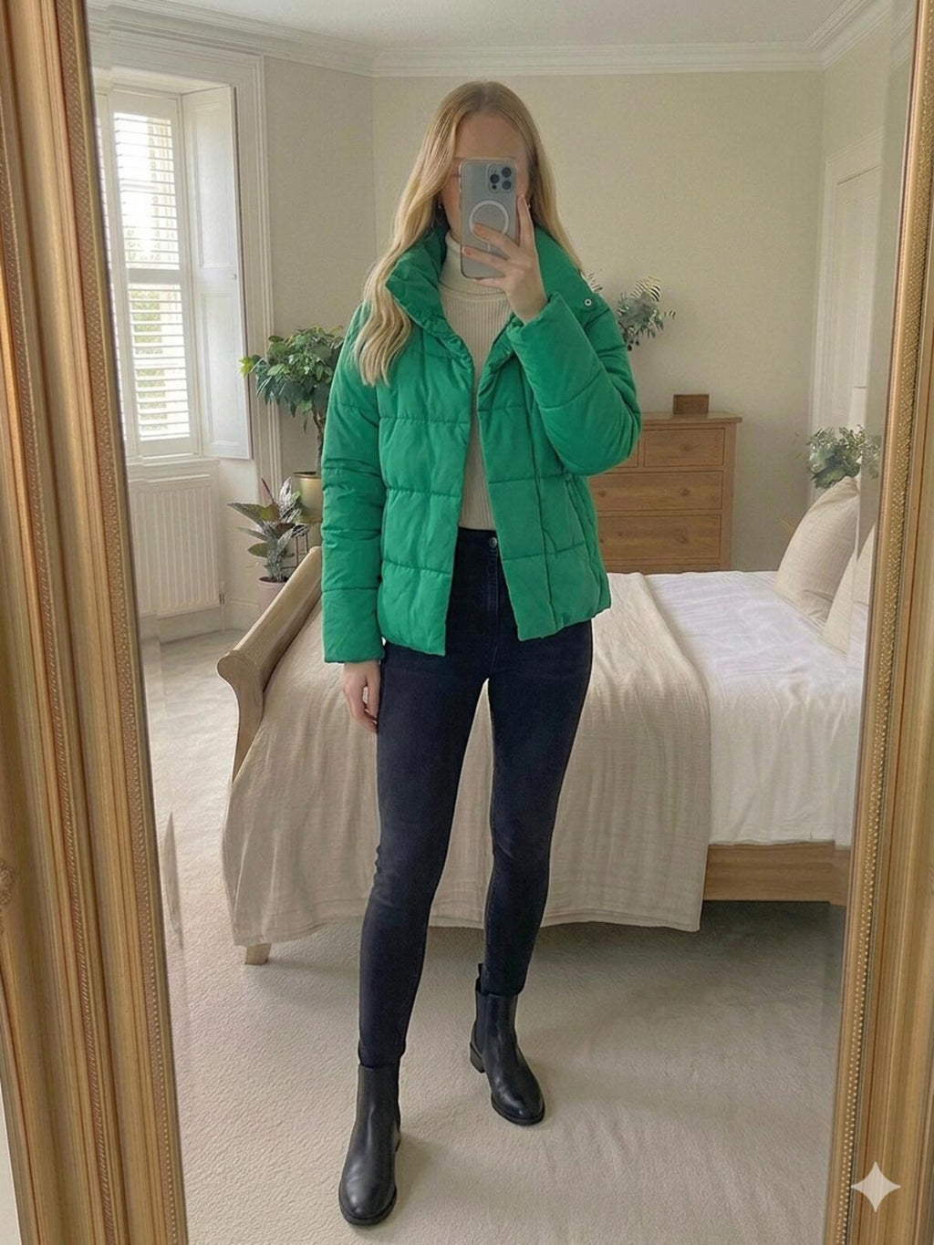 Green Puffer Quilted Jacket, high collar neck, Size 12, padded coat