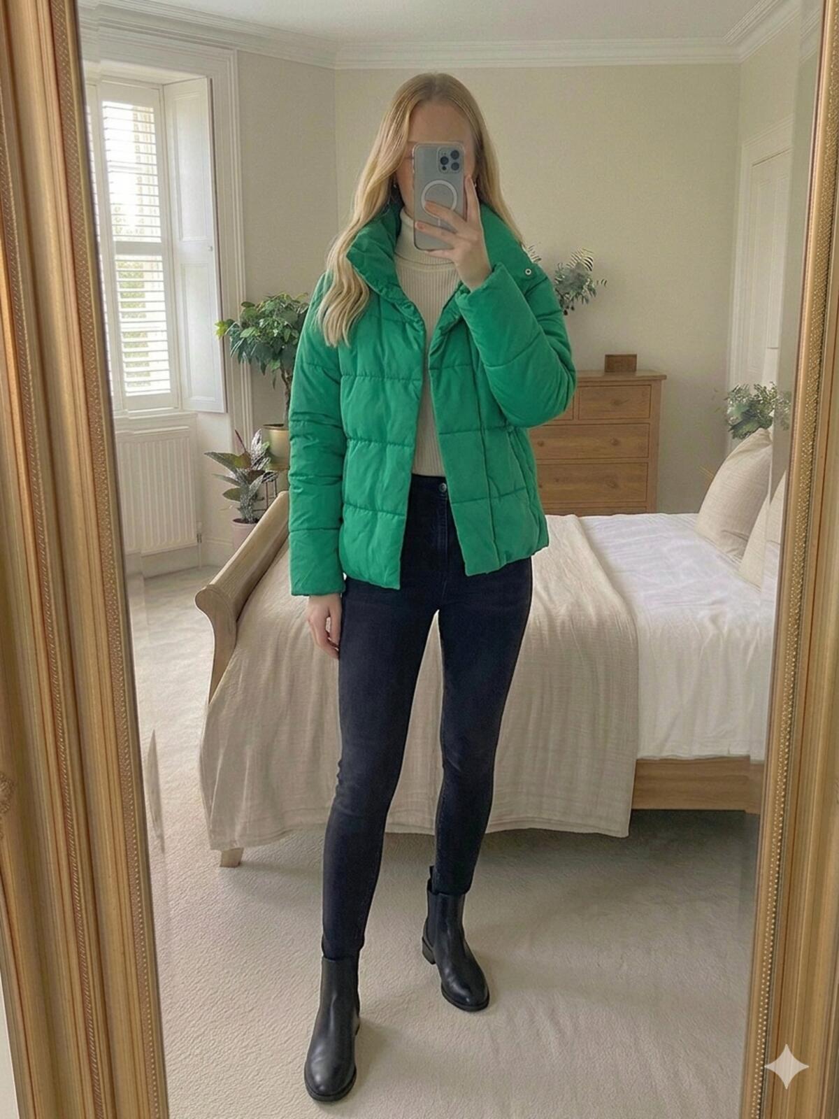 Green Puffer Quilted Jacket, high collar neck, Size 12, padded coat