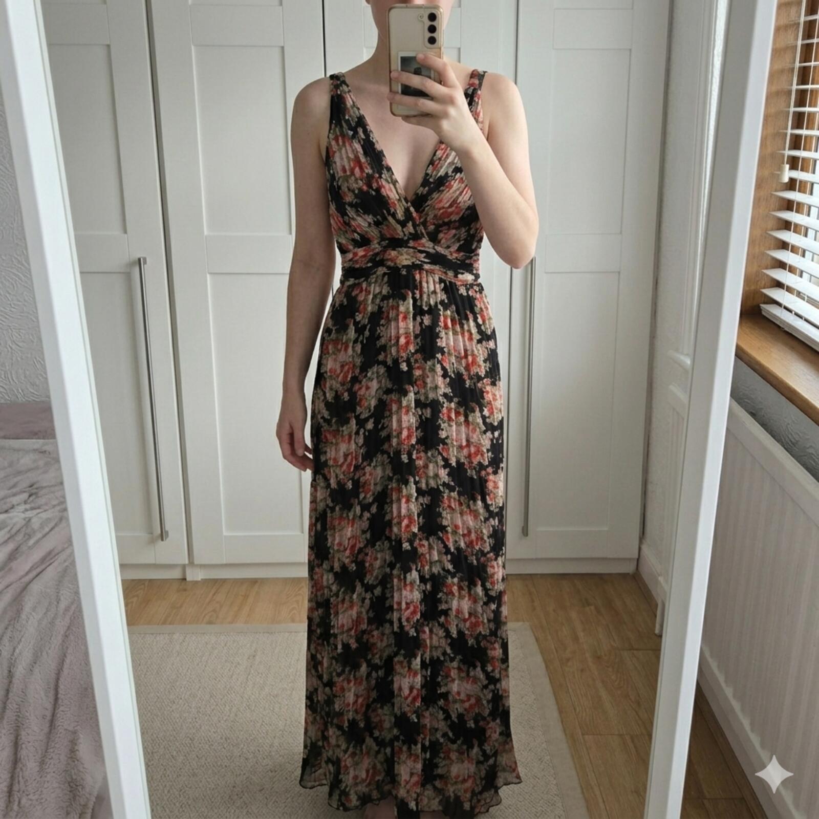 Black floral pleated sleeveless maxi dress, Chiffon fabric, Little Mistress, size S
