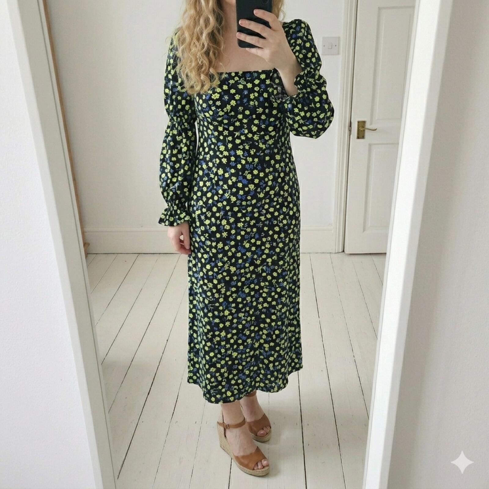 Floral Midi Black Dress with Puff Sleeves and square neck, UK 20, plus size