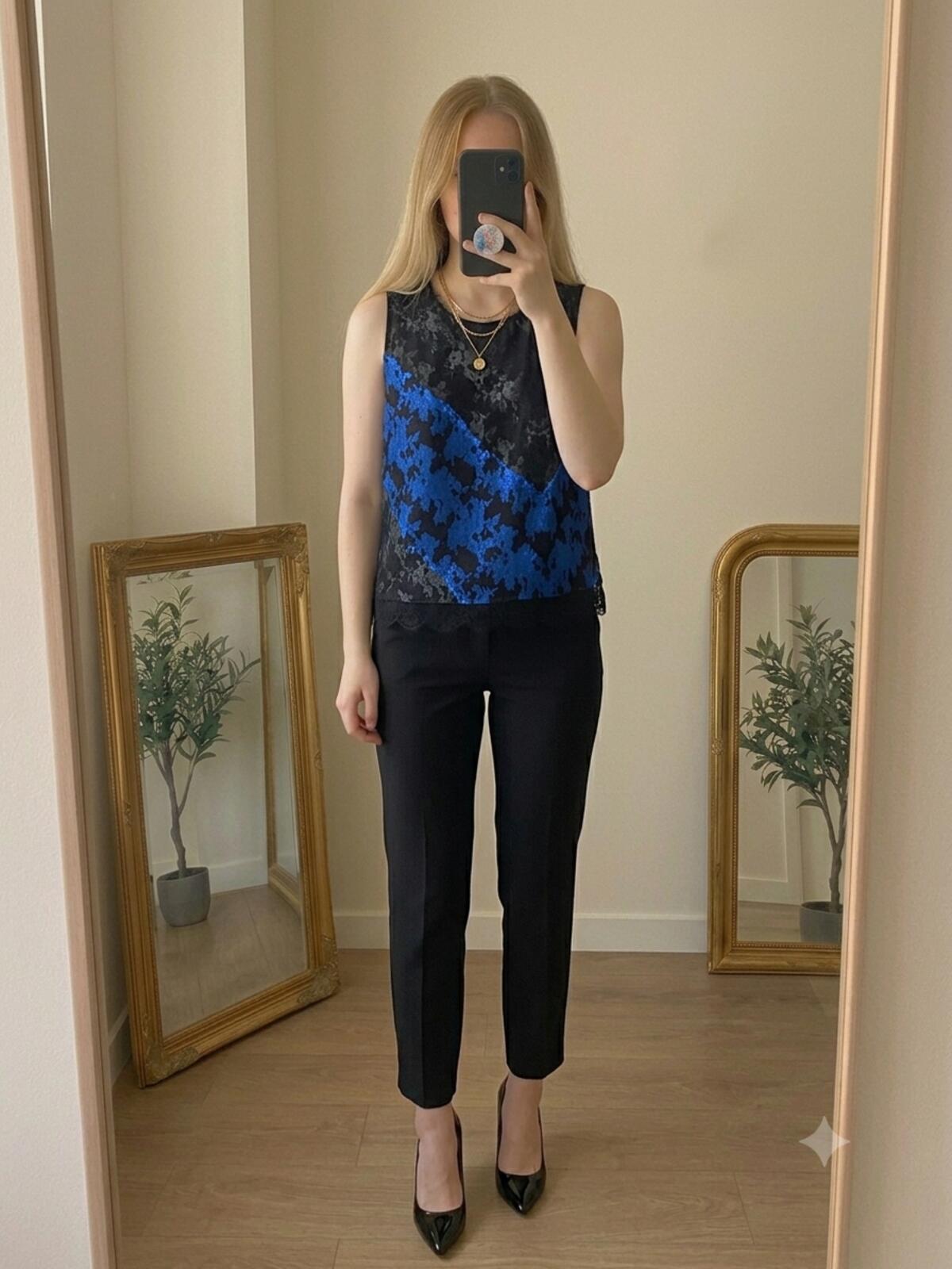 Elie Tahari Black and Blue Lace Sleeveless Top, luxury, designer, size M