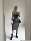 Warehouse Metallic Grey One-Shoulder Long Sleeve Bodycon Dress BNWT, 12, rrp £49