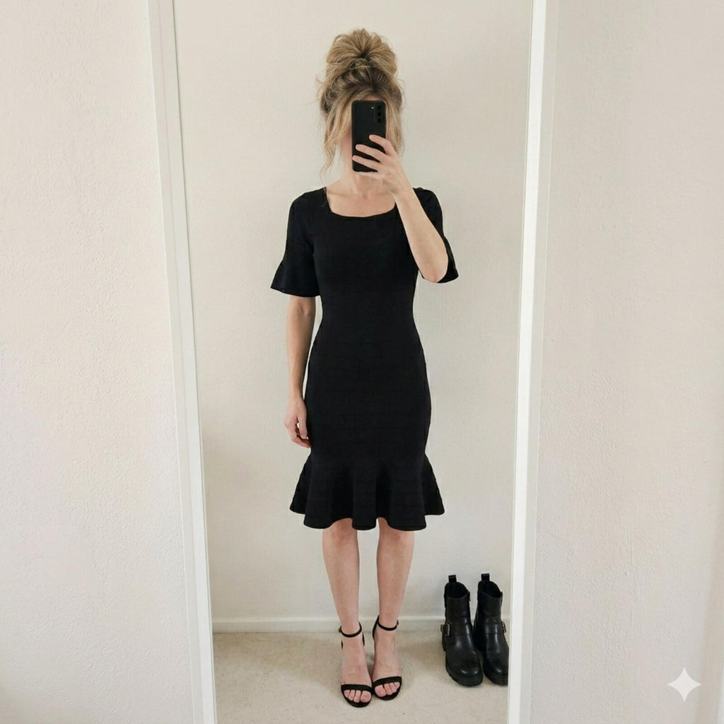 Karen Millen Signature Bandage Knit Dress, Black, Square Neck, Frill Hem, 12/14
