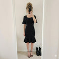 Karen Millen Signature Bandage Knit Dress, Black, Square Neck, Frill Hem, 12/14