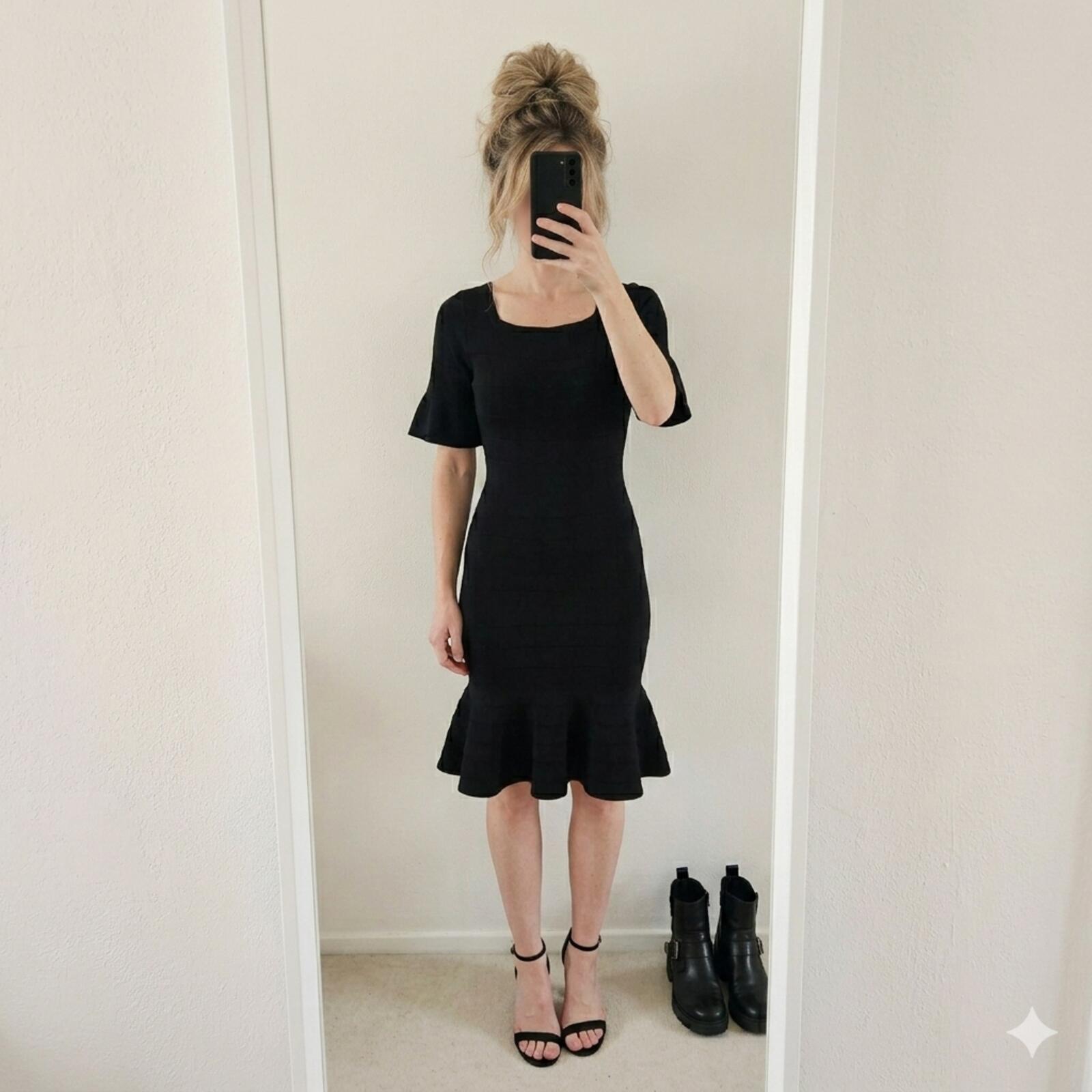 Karen Millen Signature Bandage Knit Dress, Black, Square Neck, Frill Hem, 12/14