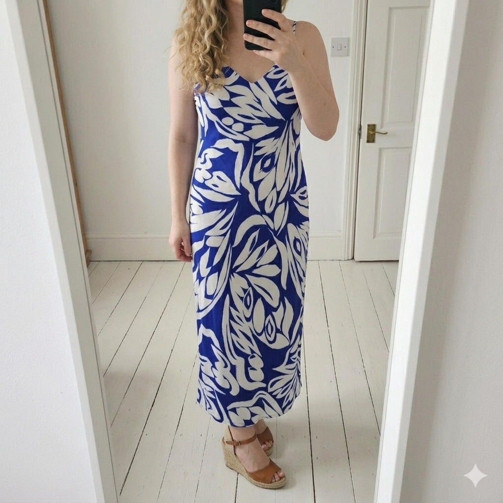 Blue and White Patterned Maxi Slip Satin feel Dress with Spaghetti Straps, BNWT