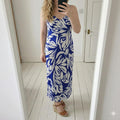 Blue and White Patterned Maxi Slip Satin feel Dress with Spaghetti Straps, BNWT