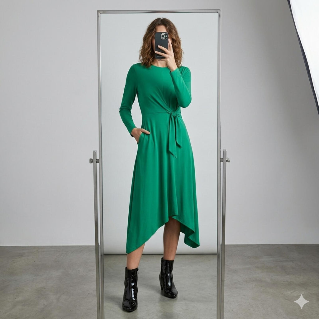 Et Vous Green Long Sleeve Midi Dip Hem Jersey Dress with Tie Waist Size 16