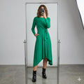 Et Vous Green Long Sleeve Midi Dip Hem Jersey Dress with Tie Waist Size 16