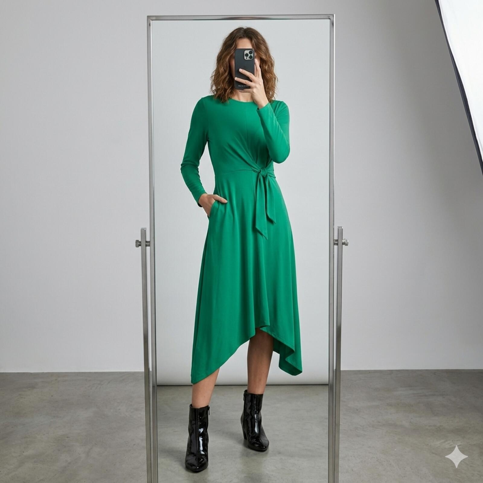 Et Vous Green Long Sleeve Midi Dip Hem Jersey Dress with Tie Waist Size 16