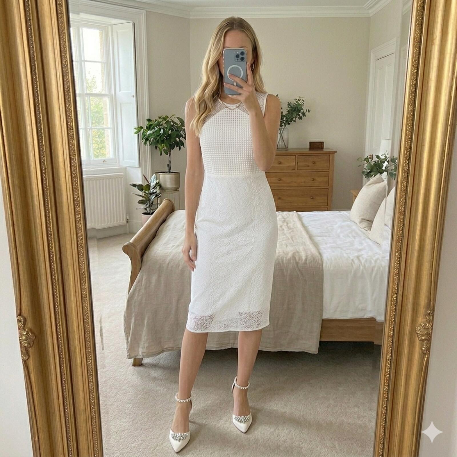 Diane von Furstenberg White Textured Lace Designer Sleeveless Midi Dress, Bridal