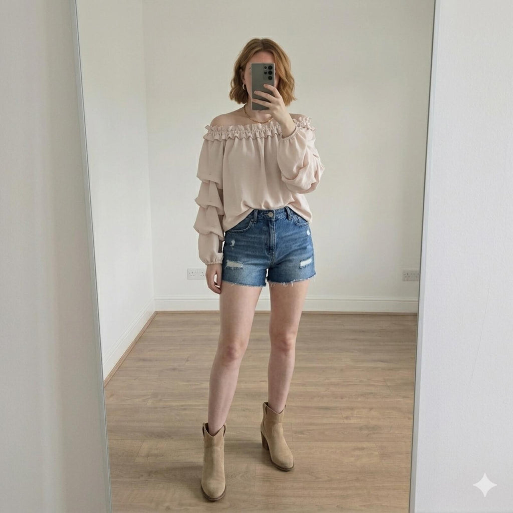 Italy Moda BNWT Cream Blouse, off the shoulder bardot, ruffle balloon sleeve