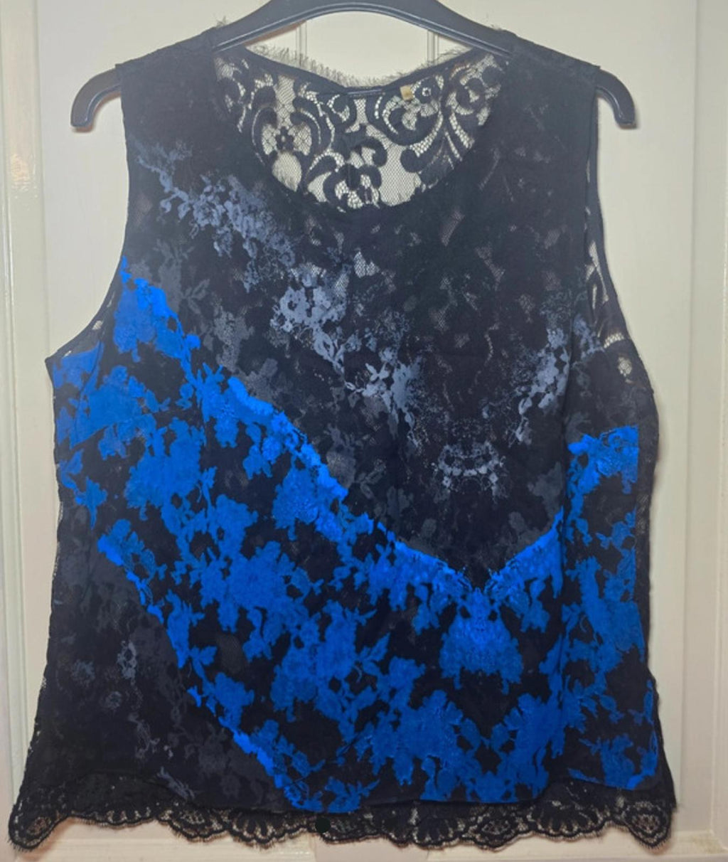 Elie Tahari Black and Blue Lace Sleeveless Top, luxury, designer, size M