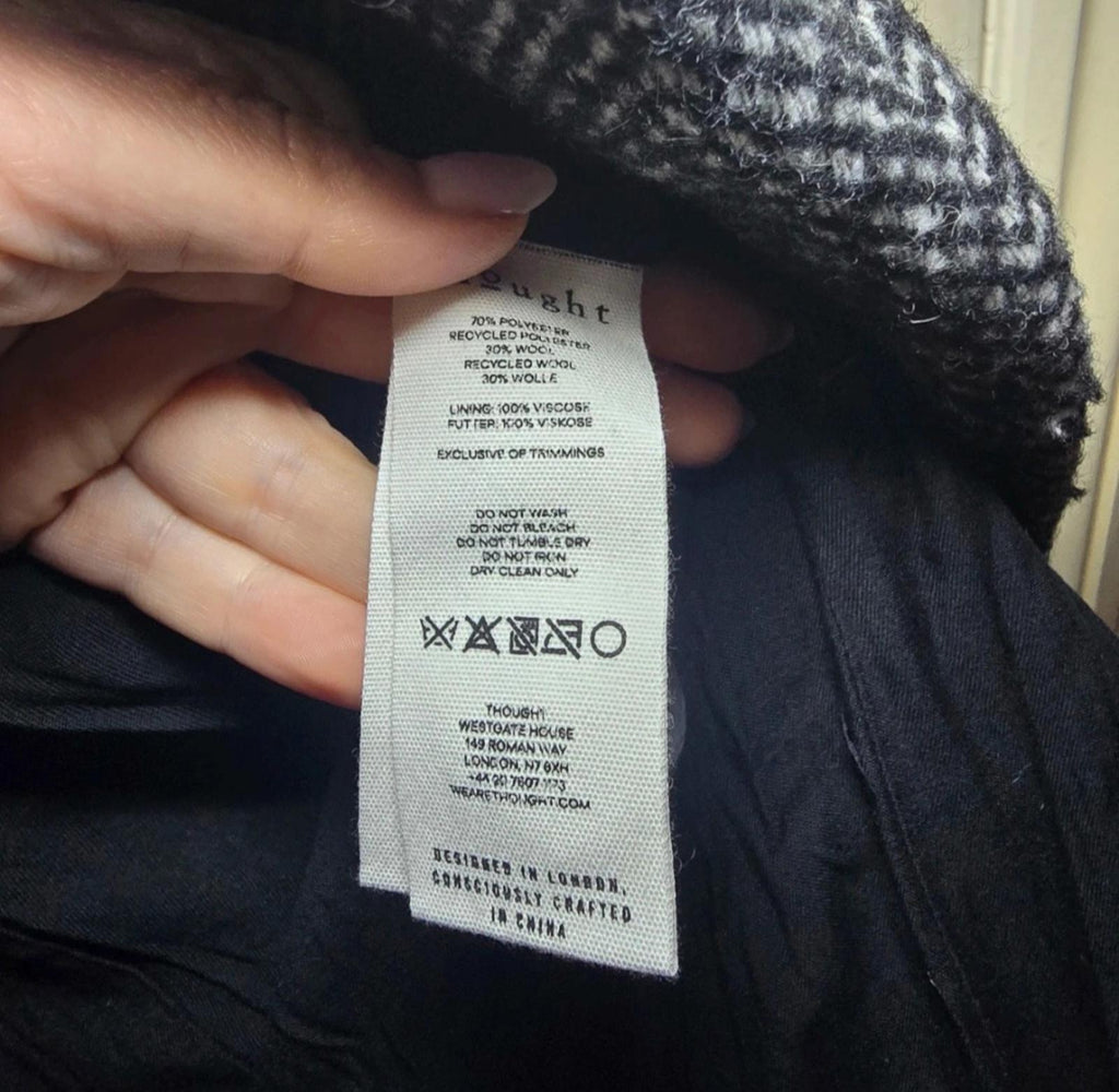 Thought Women's Wool Blend Herringbone Coat Size UK 14, tailored, sustainable