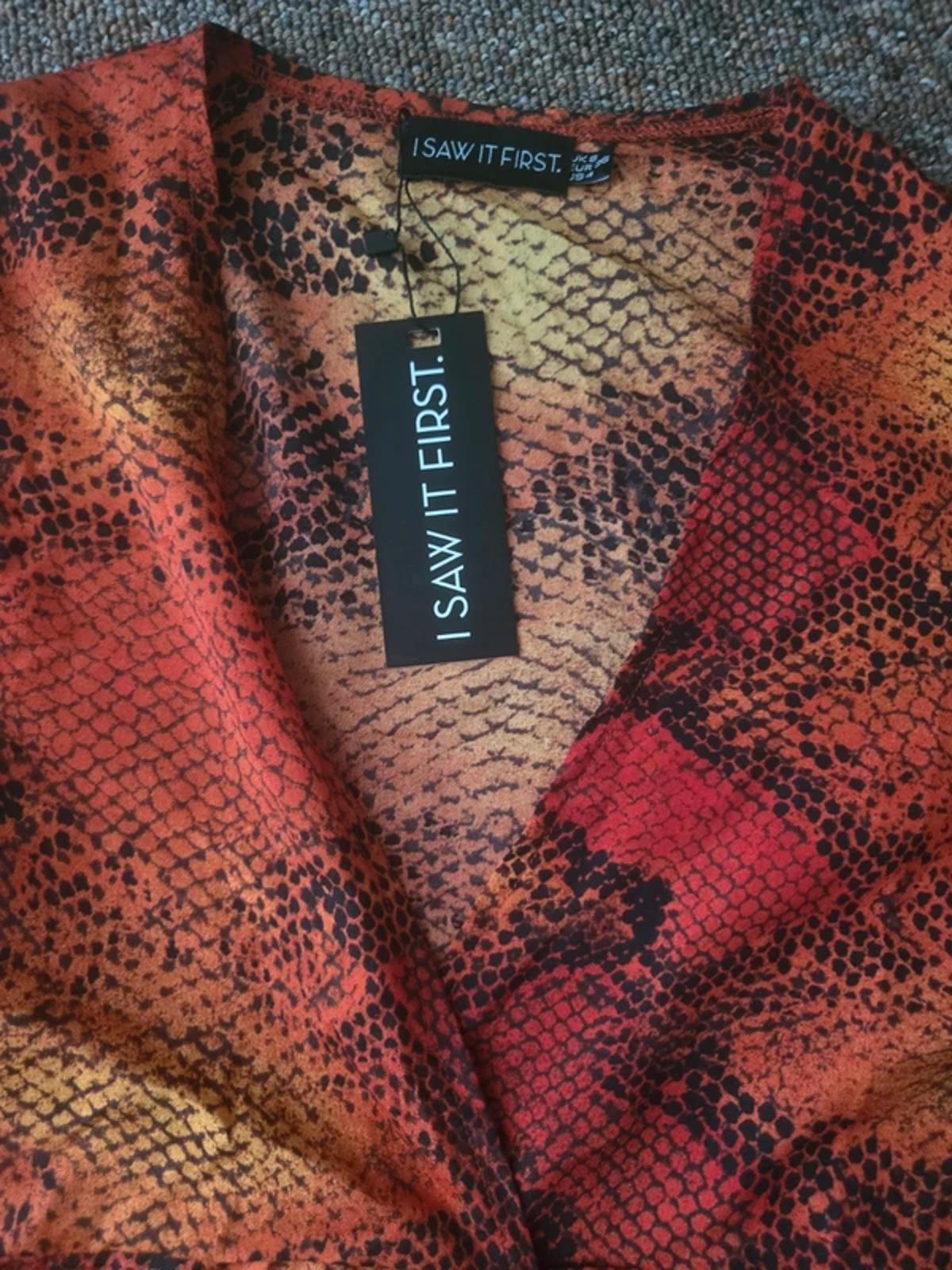 I Saw It First Sunset Snake Print Dress, Long Sleeve Front split, faux wrap, 8