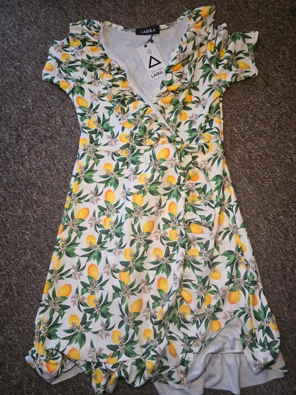 BNWT Lasula Boutique lemon print wrap and Ruffle mini dress, size 10