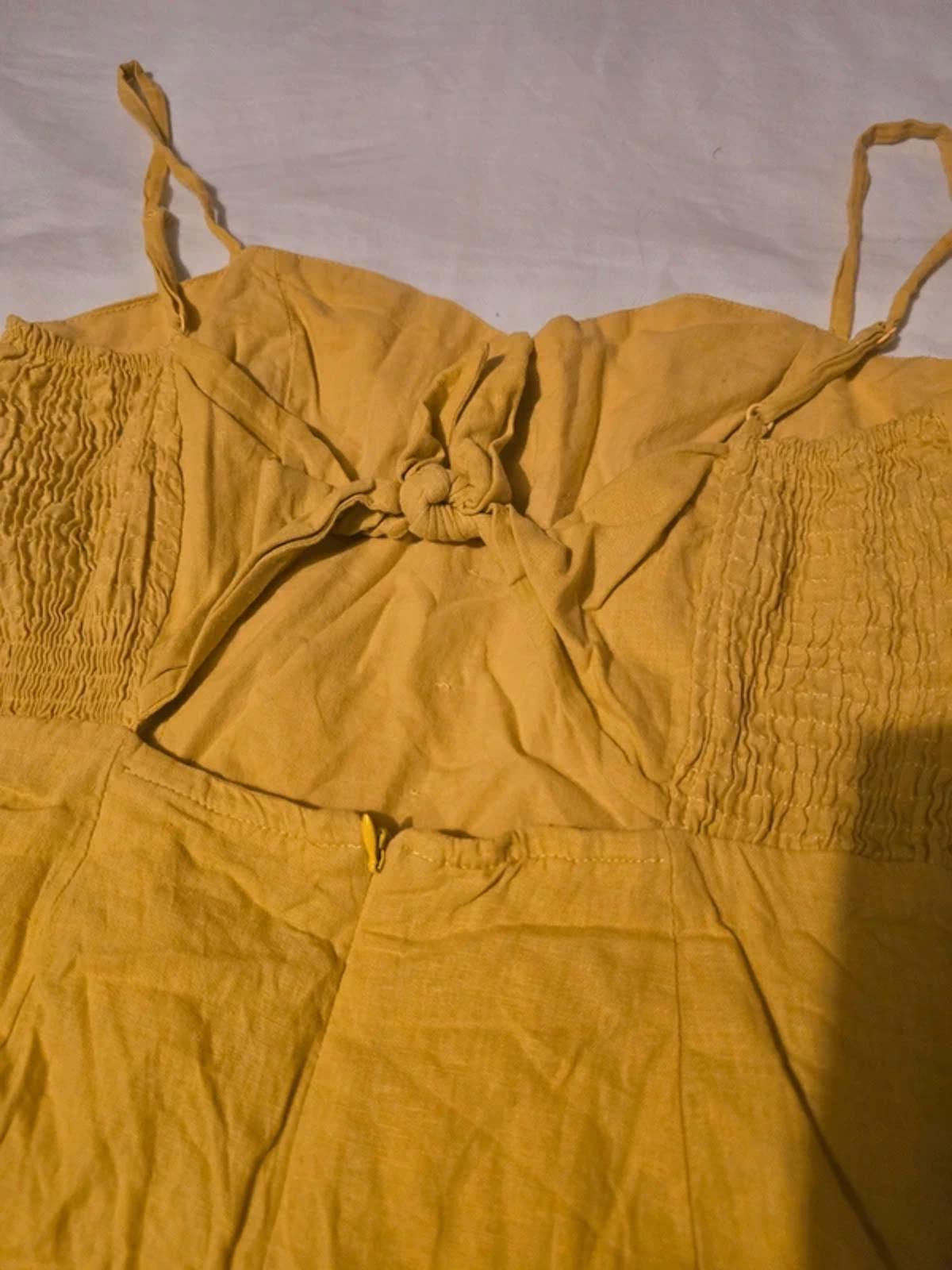 Berksha linen look yellow mustard strappy playsuit, romper, size S, tie back detail