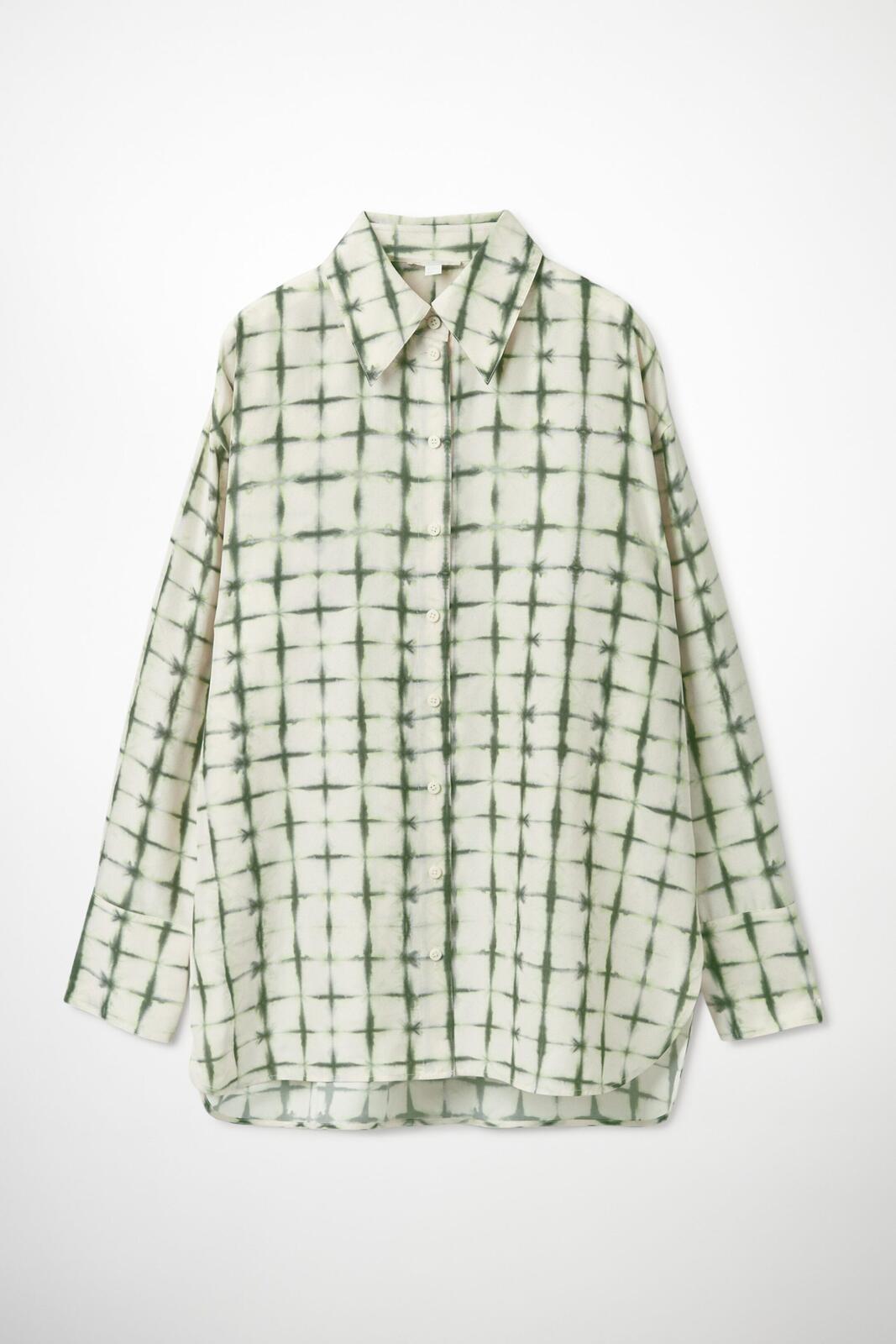 COS 100% Silk Long Sleeve Oversized Button-Up Shirt in Green and White