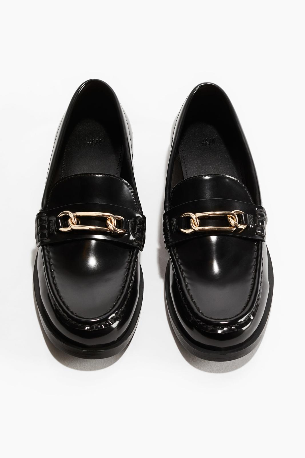 Black Patent Leather Loafers with Gold Chain Detail, bnwt, H&M Size 5, current