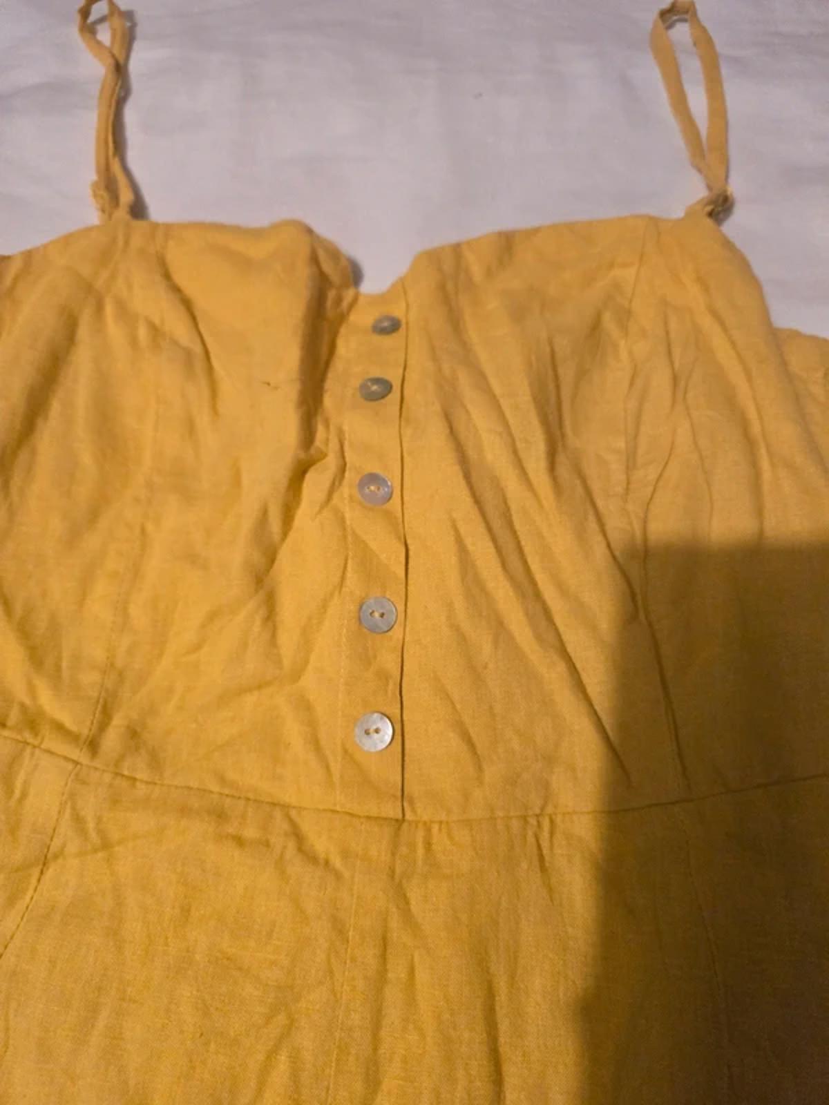 Berksha linen look yellow mustard strappy playsuit, romper, size S, tie back detail