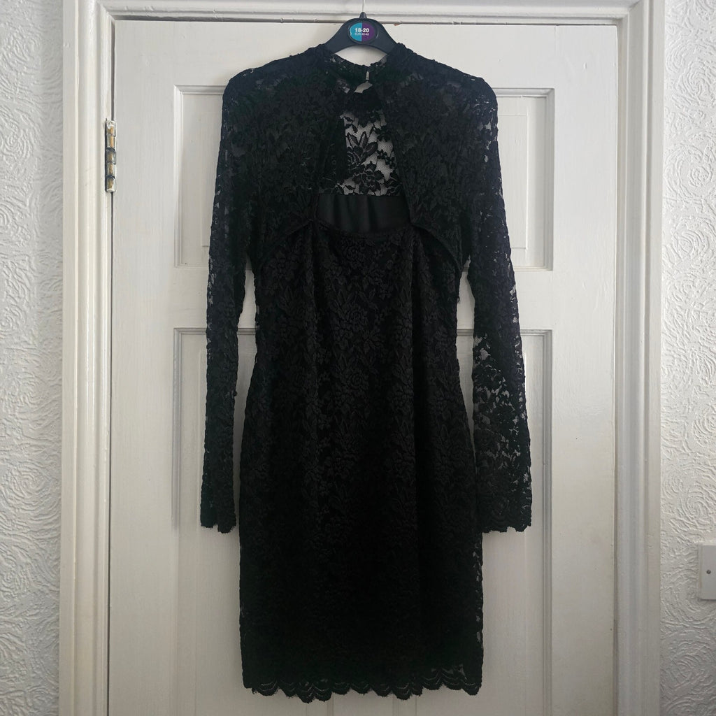 New Look Black Lace Long Sleeve Mini Bodycon Dress, cut out back, BNWT size 12
