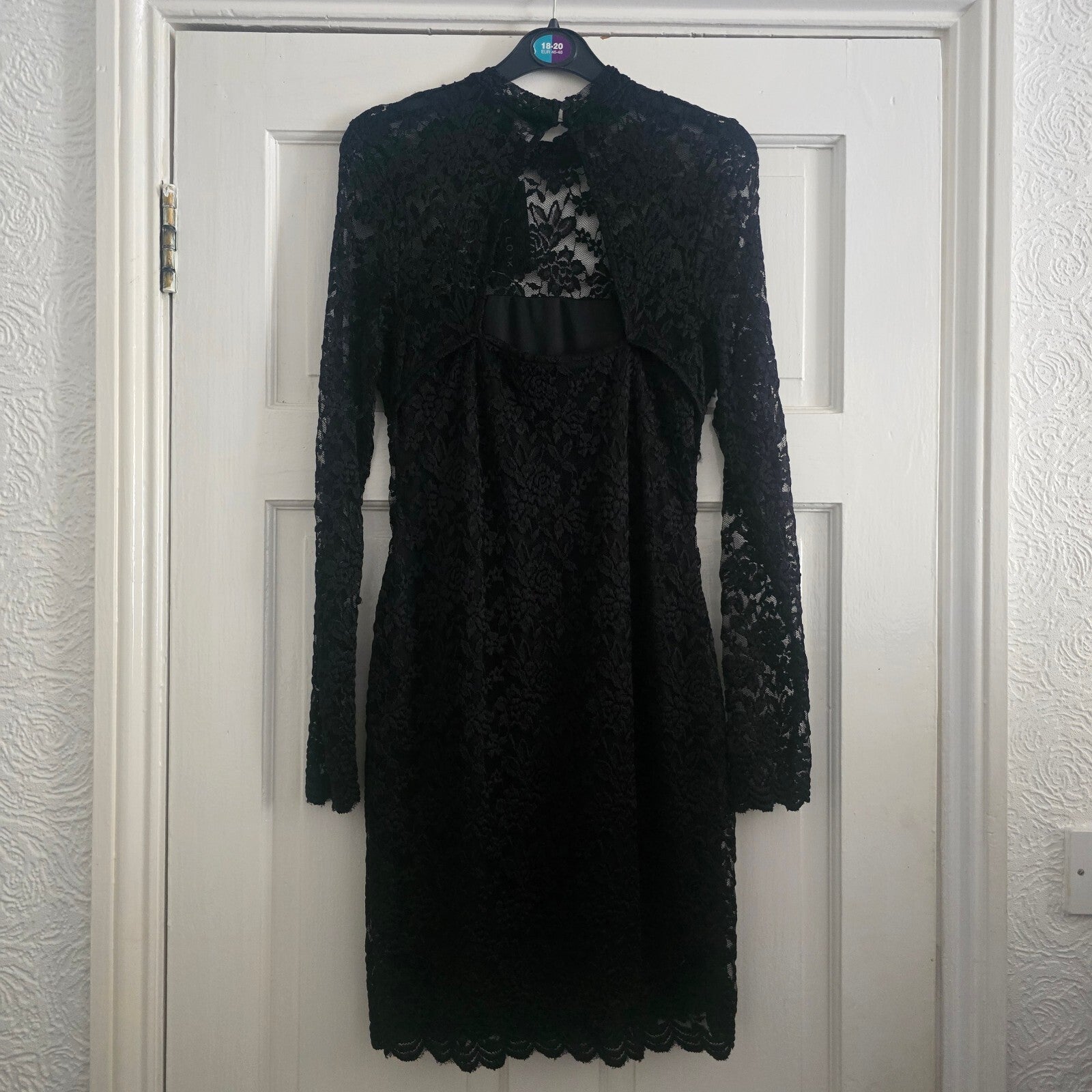 New Look Black Lace Long Sleeve Mini Bodycon Dress, cut out back, BNWT size 12