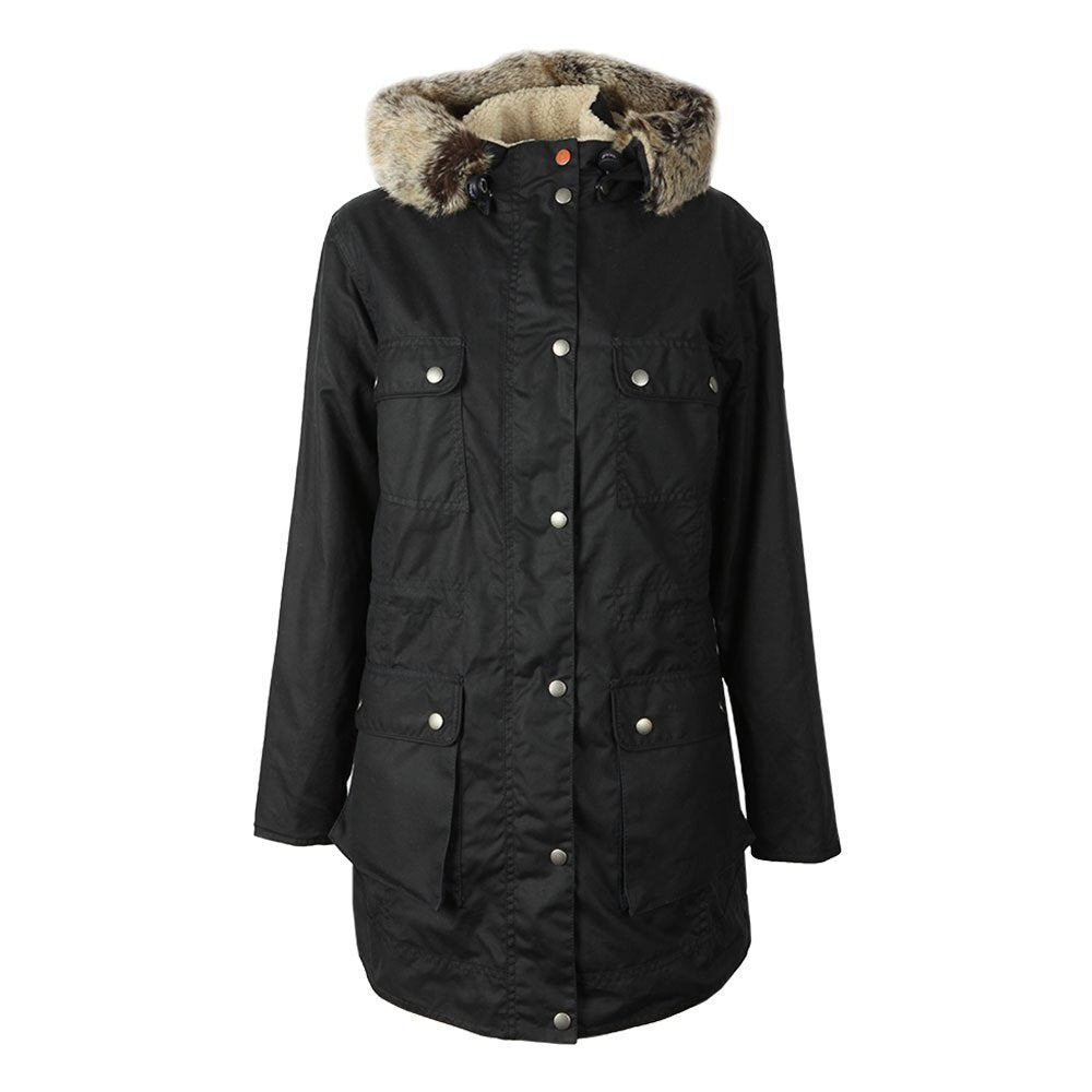 Barbour Caribena Waxed Cotton Jacket, Sherpa Lining, Faux Fur Hood Trim, size 8