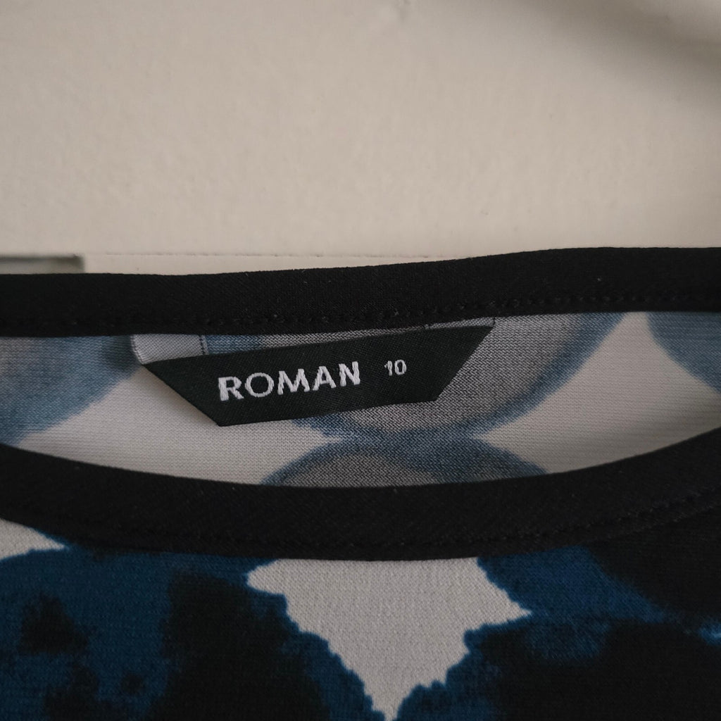 Roman Women's Black and Blue Polka Dot Knot Front Top Tie side Size 10, stretch