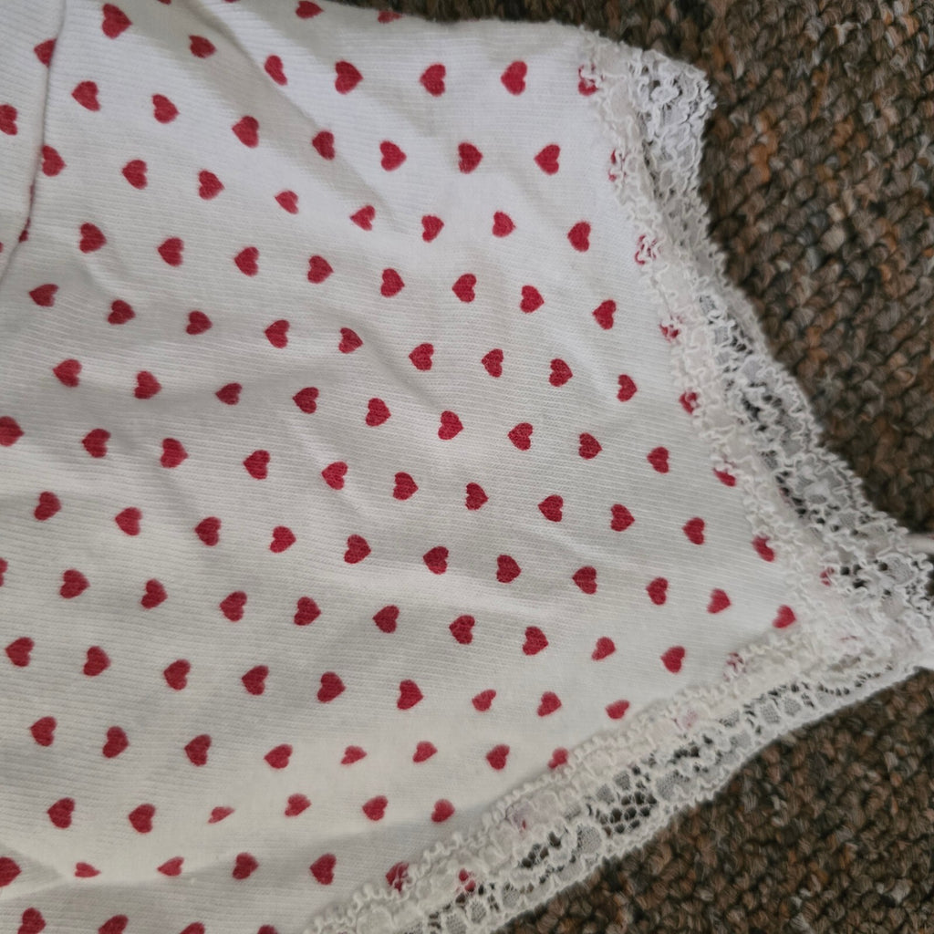 Brandy Melville White and Red Heart Print Lace Trim Cami Top, size S, Y2K