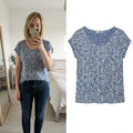 White Stuff Navy and White Speckled Print Short Sleeve Top UK 10