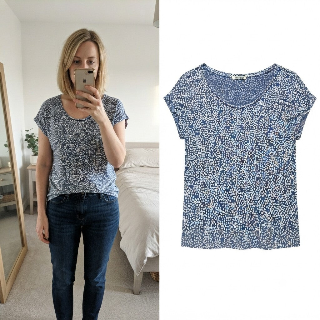 White Stuff Navy and White Speckled Print Short Sleeve Top UK 10