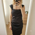 Louis Chin Madgay Boutique Black Satin Ruched Party Midi Dress UK8 glam cocktail