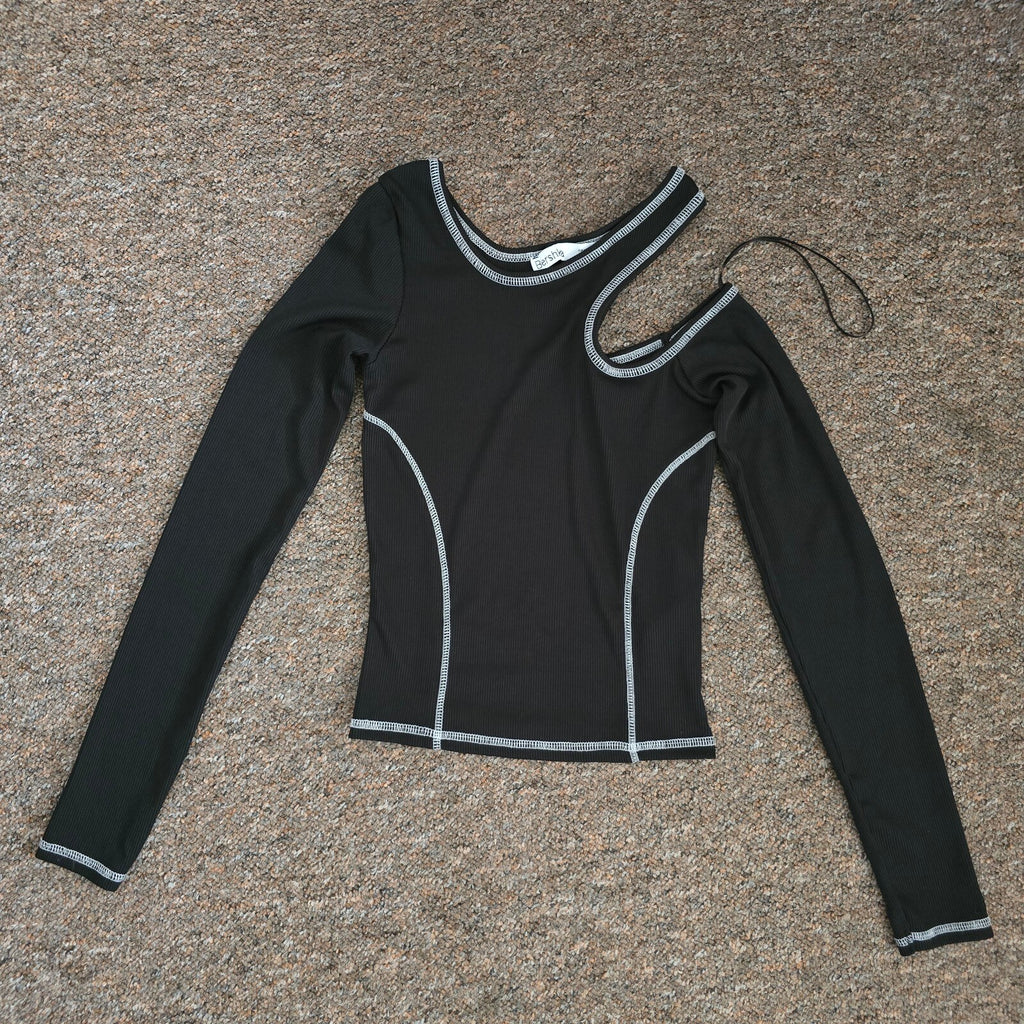 Bershka Black Asymmetric Cutout Long Sleeve Top XS