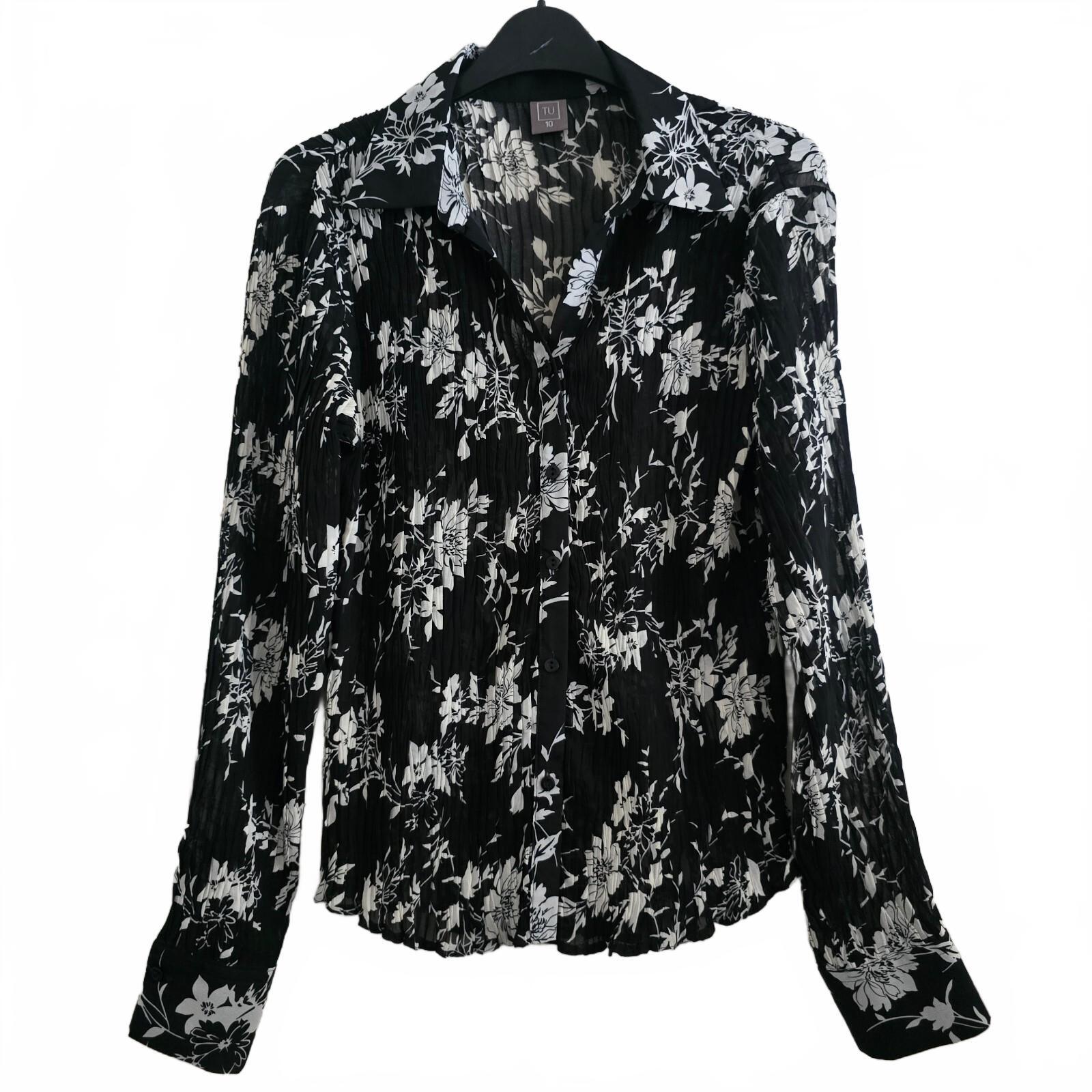 TU Black and White Floral Pleated, Plisse Long Sleeve Shirt Blouse Size 10