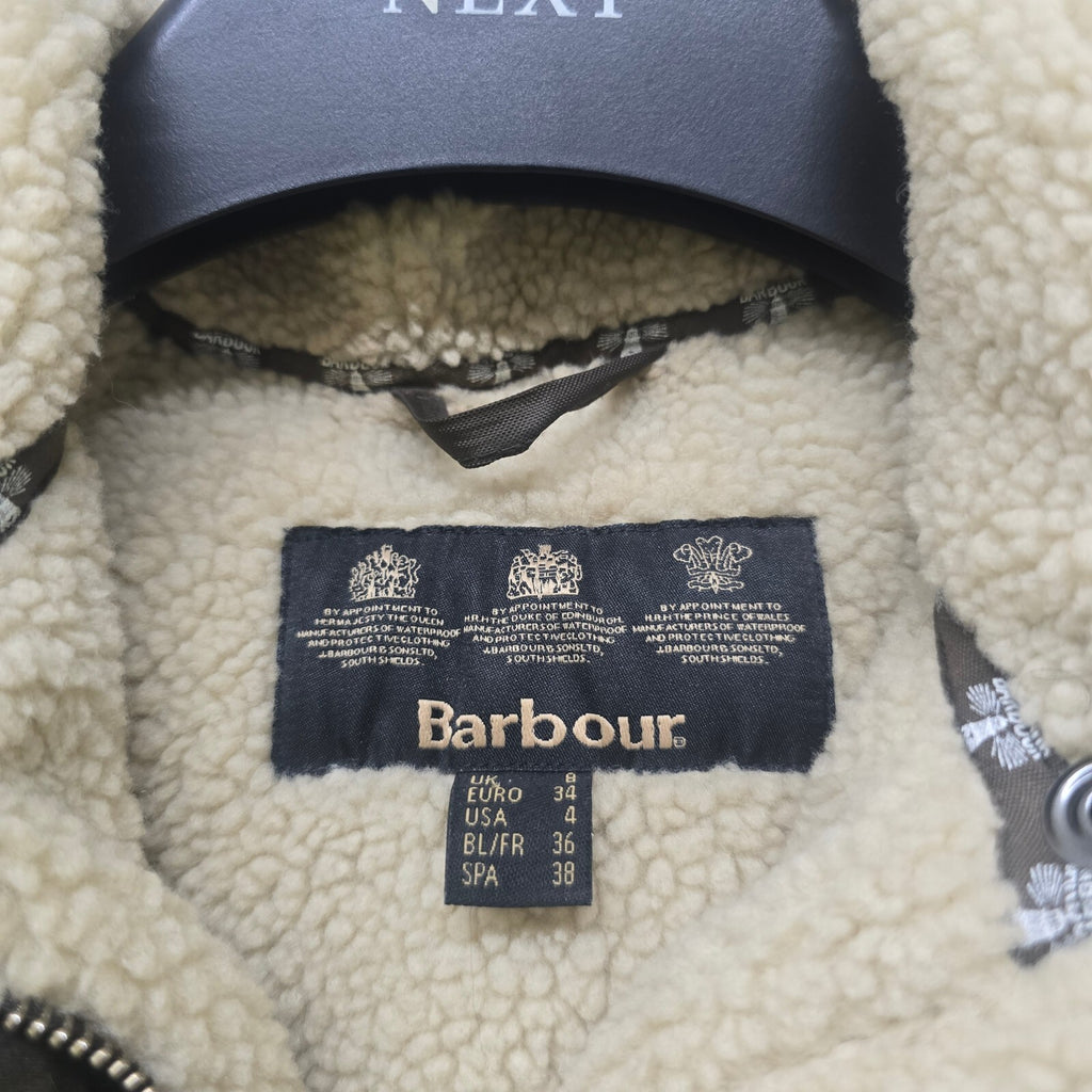 Barbour Caribena Waxed Cotton Jacket, Sherpa Lining, Faux Fur Hood Trim, size 8