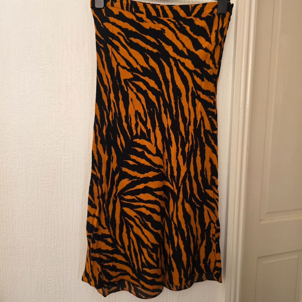Warehouse Women's Midi Skirt in Black and Orange Tiger Print, UK Size 12