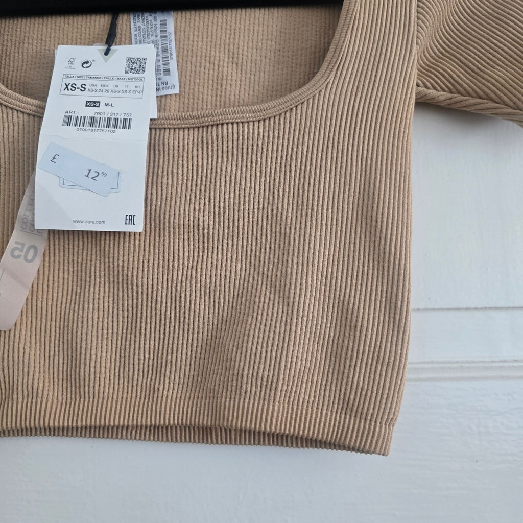 Zara Ribbed Beige Crop Top XS-S, square neck, basic, capsule wardrobe BNWT