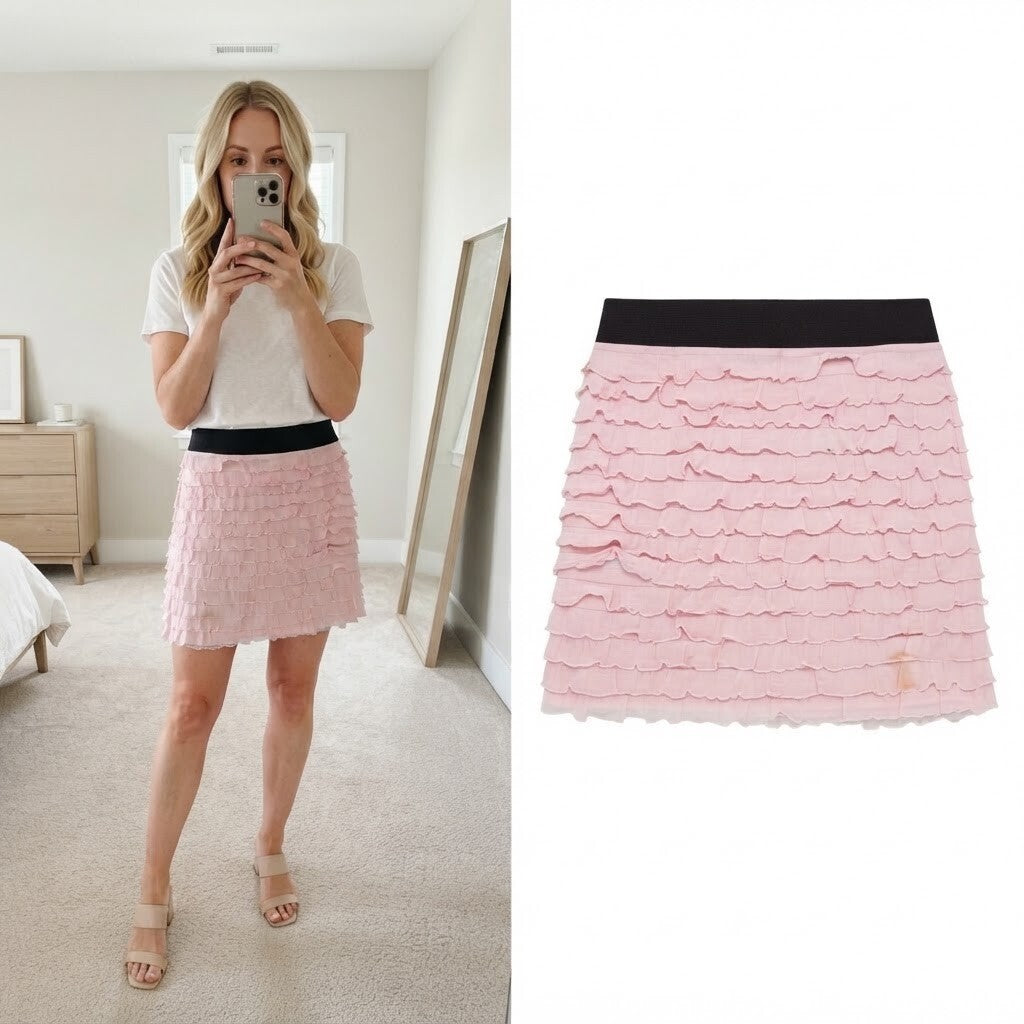 River Island Pink Ruffle Mini Skirt with Black Waistband Size 10