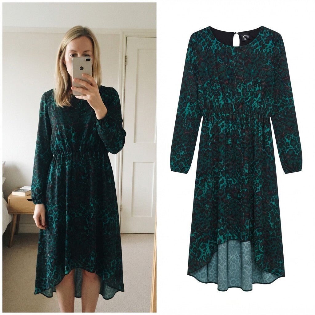 IZABEL London Green and Brown Animal Print Long Sleeve Dip Hem Dress size 12