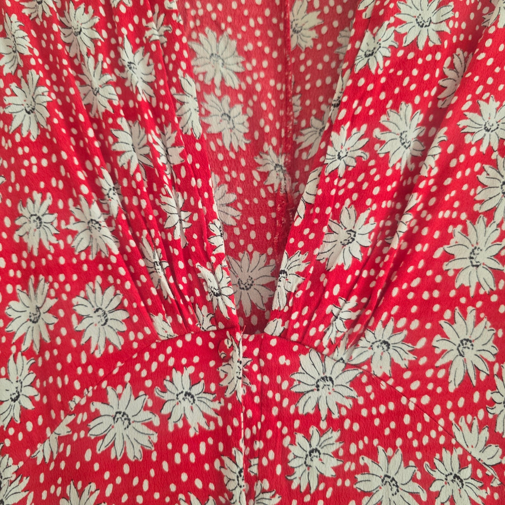 Zara Red Floral Print Long Sleeve Maxi V Neck Dress, Size L, blogger influencer