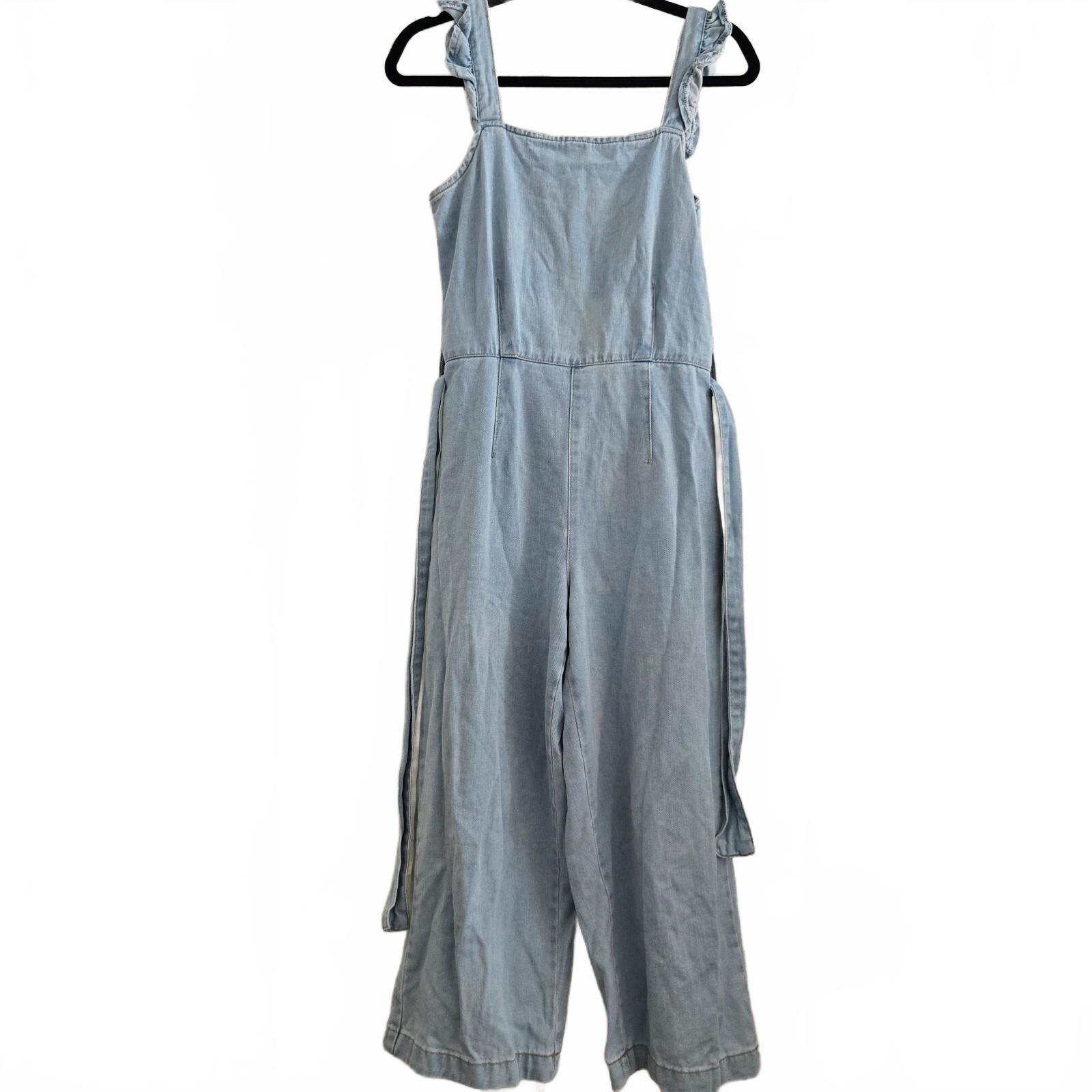 New Look Denim Light Blue Ruffle Strap Jumpsuit UK Size 8, wide cropped leg