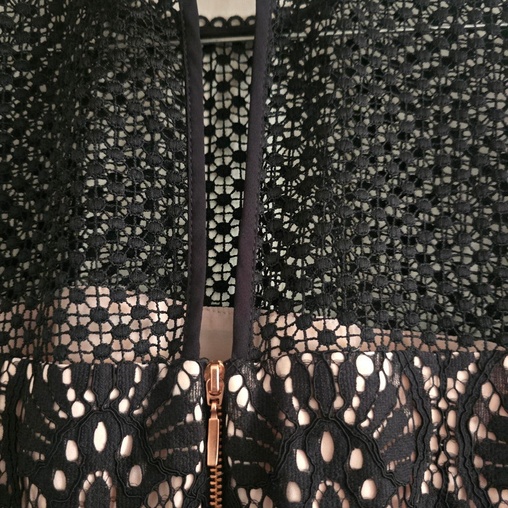 Elegant Black Lace Midi Dress with Nude Underlay and Zip Back, UK 16