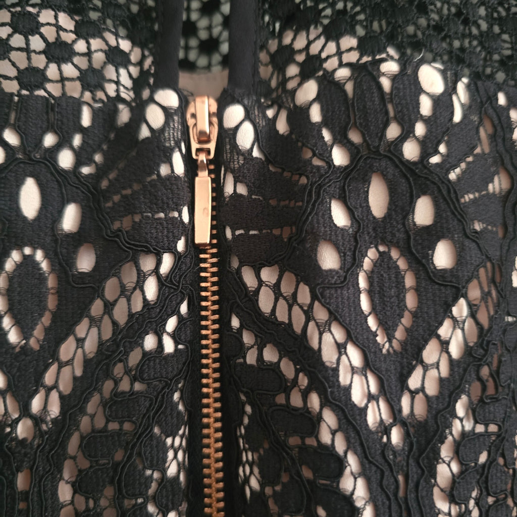 Elegant Black Lace Midi Dress with Nude Underlay and Zip Back, UK 16