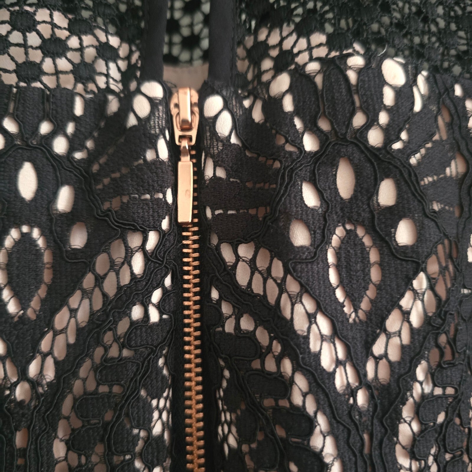Elegant Black Lace Midi Dress with Nude Underlay and Zip Back, UK 16