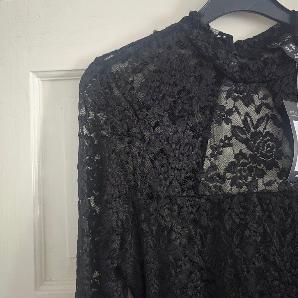 New Look Black Lace Long Sleeve Mini Bodycon Dress, cut out back, BNWT size 12