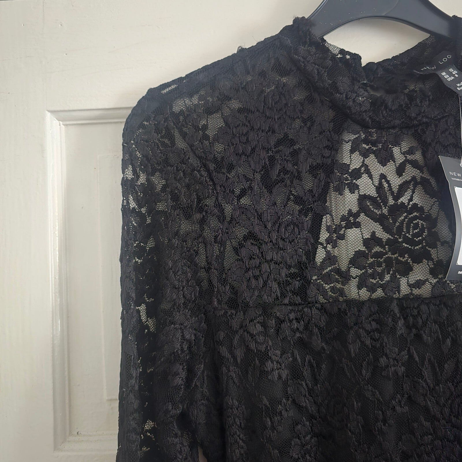New Look Black Lace Long Sleeve Mini Bodycon Dress, cut out back, BNWT size 12