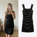 Louis Chin Madgay Boutique Black Satin Ruched Party Midi Dress UK8 glam cocktail