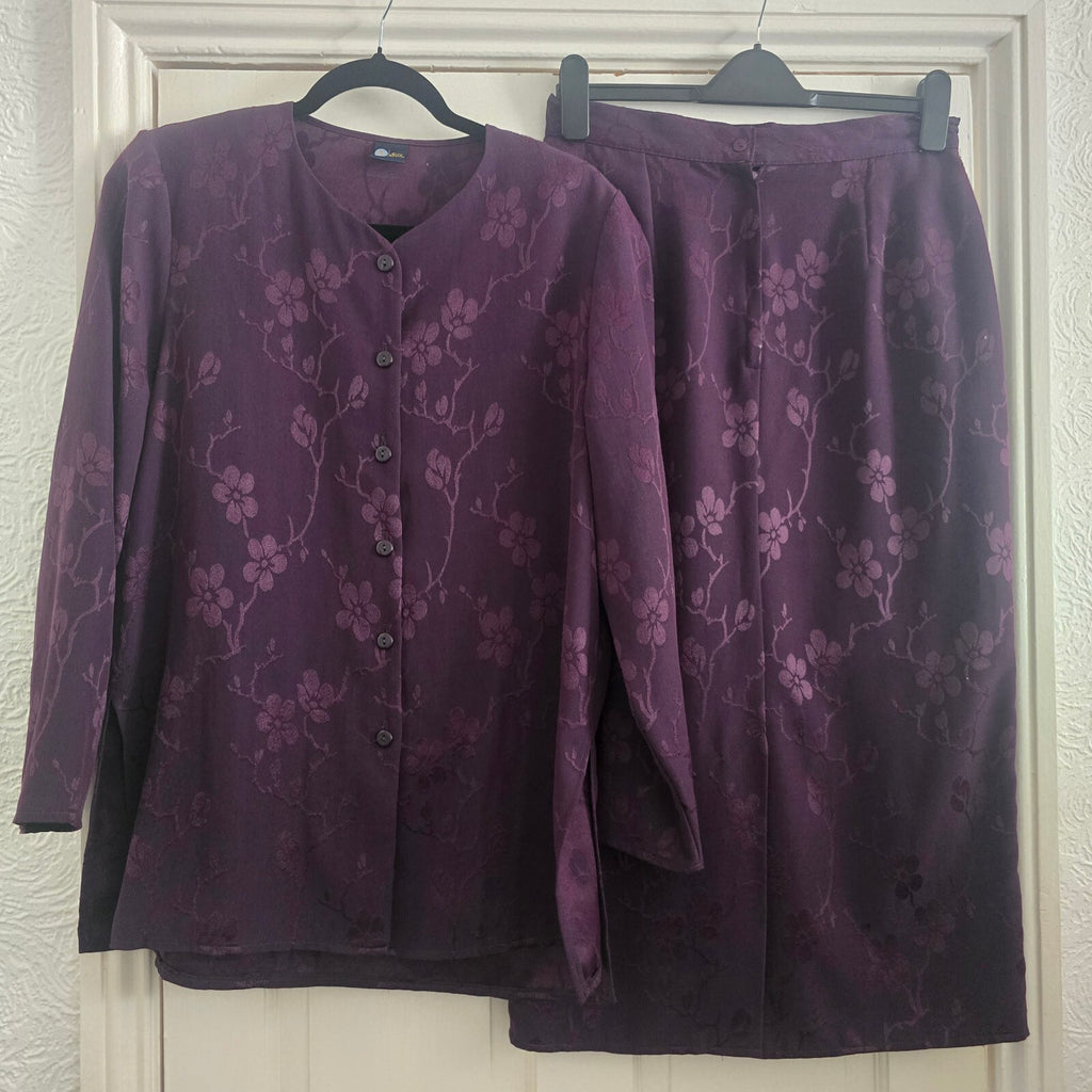Elegant Purple Floral Jacquard Two-Piece Skirt Button-Up Blouse Suit Set Coord