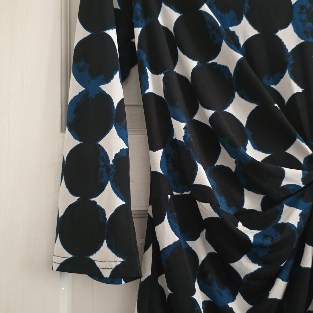 Roman Women's Black and Blue Polka Dot Knot Front Top Tie side Size 10, stretch