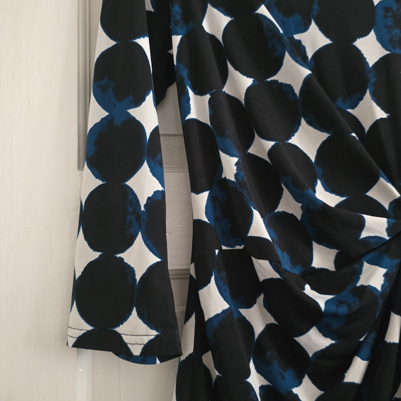 Roman Women's Black and Blue Polka Dot Knot Front Top Tie side Size 10, stretch